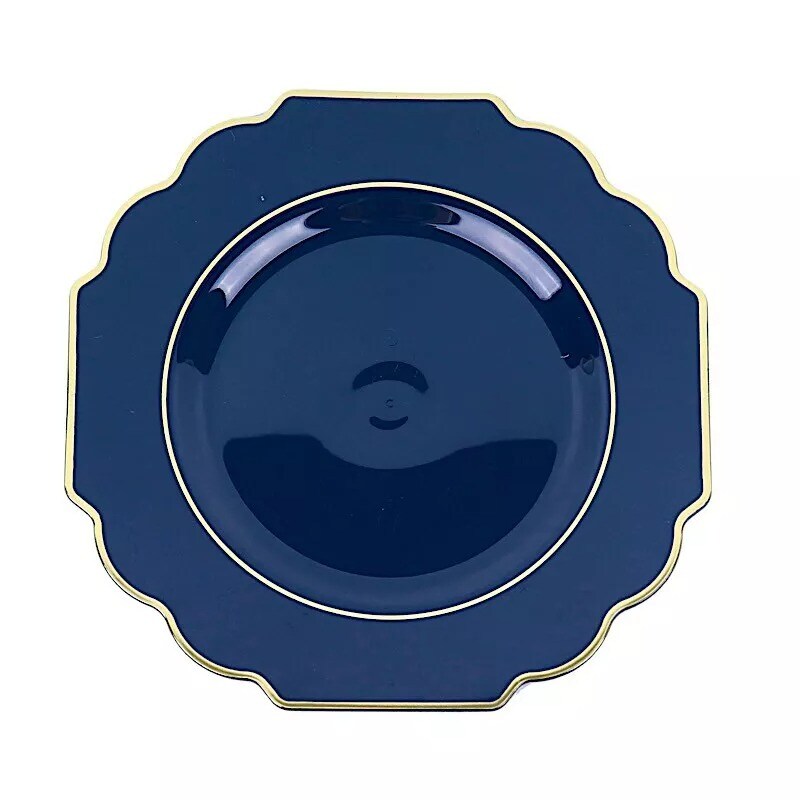 10 NAVY BLUE 12&#x22; Baroque PLASTIC DINNER PLATES with Gold Rim
