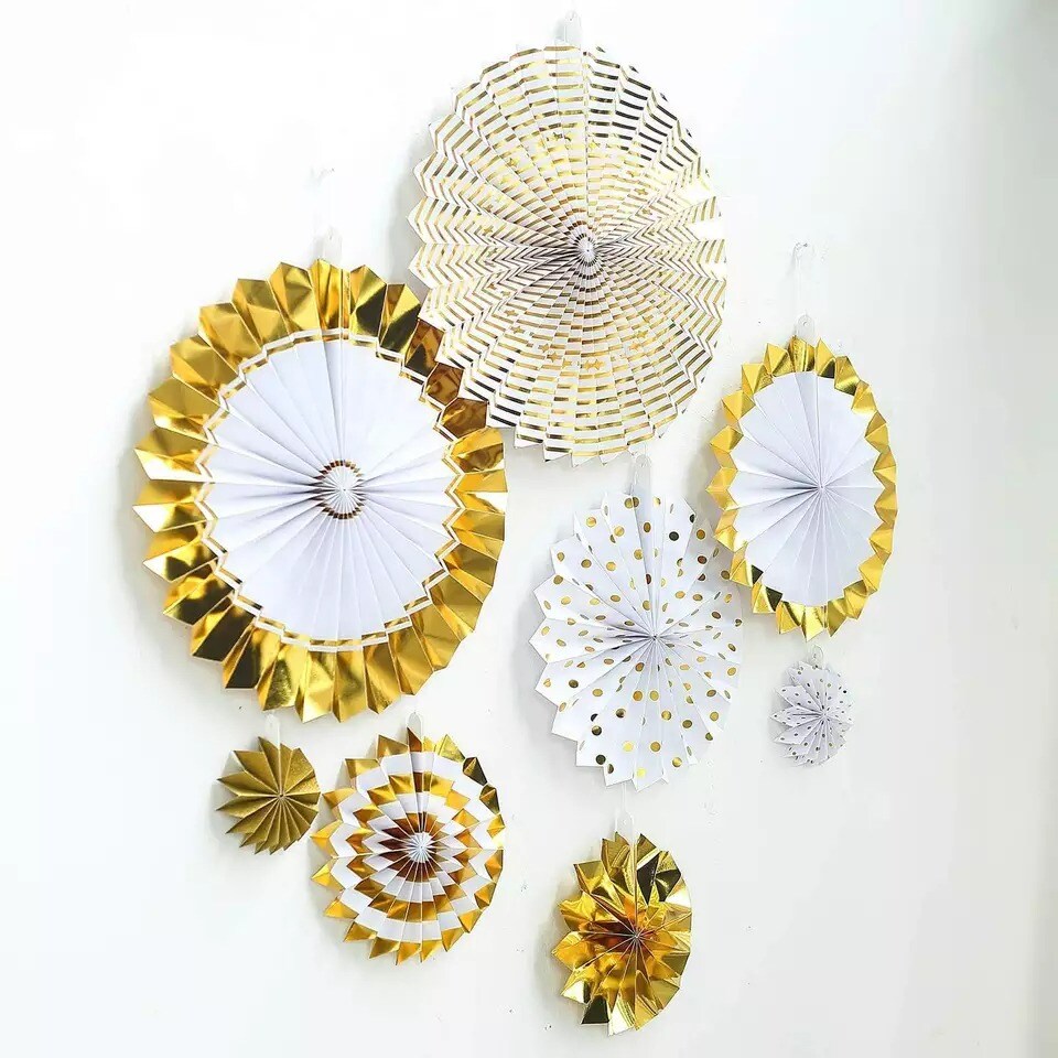 8 WHITE and GOLD Assorted Paper Fans Wall Backdrop