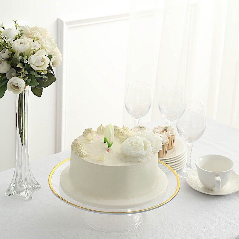 CLEAR 2 Round 12&#x22; Plastic CAKE STAND Dessert Display Riser Gold Rim