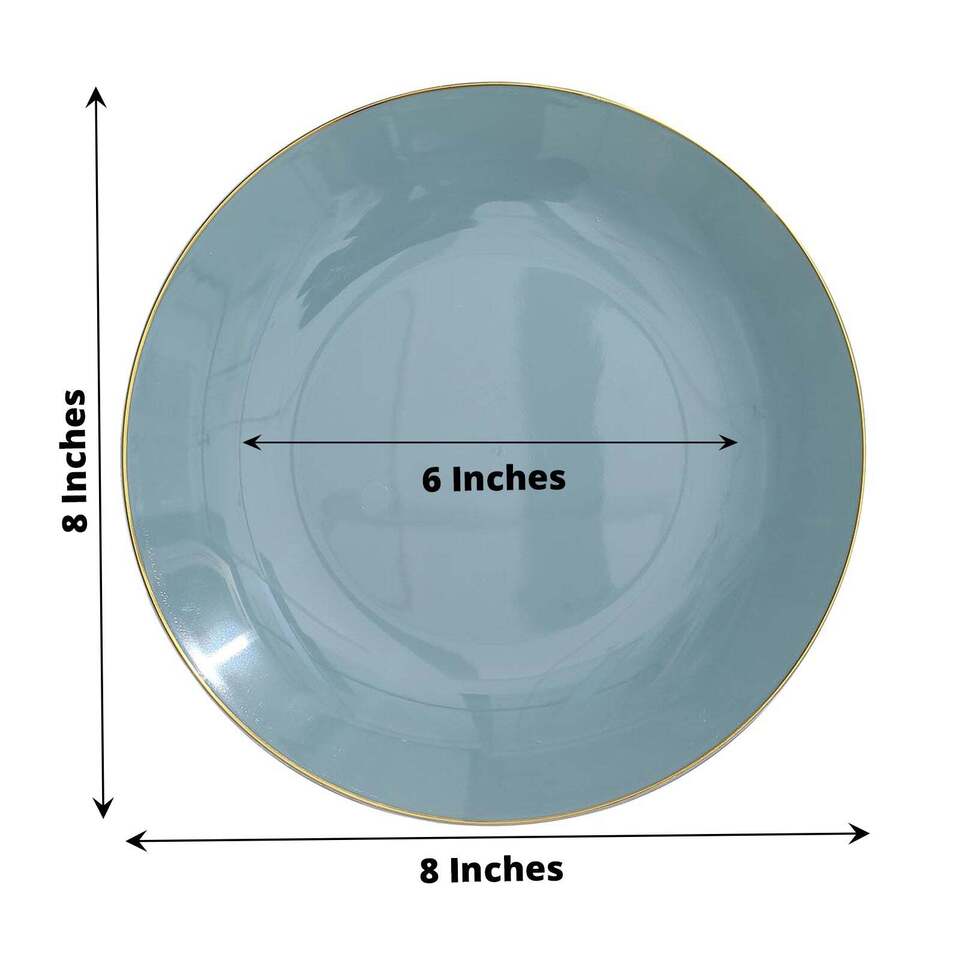 DUSTY BLUE 10 Glossy 8&#x22; Round Plastic Salad PLATES Gold Rim