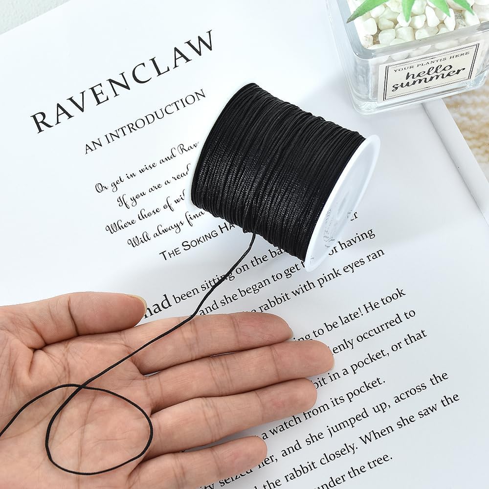 1mm x 100 Yards Black Nylon Cord Satin String for Bracelet Jewelry Making Rattail Macrame Waxed Trim Cord Necklace Bulk Beading Thread Kumihimo Chinese Knot Craft