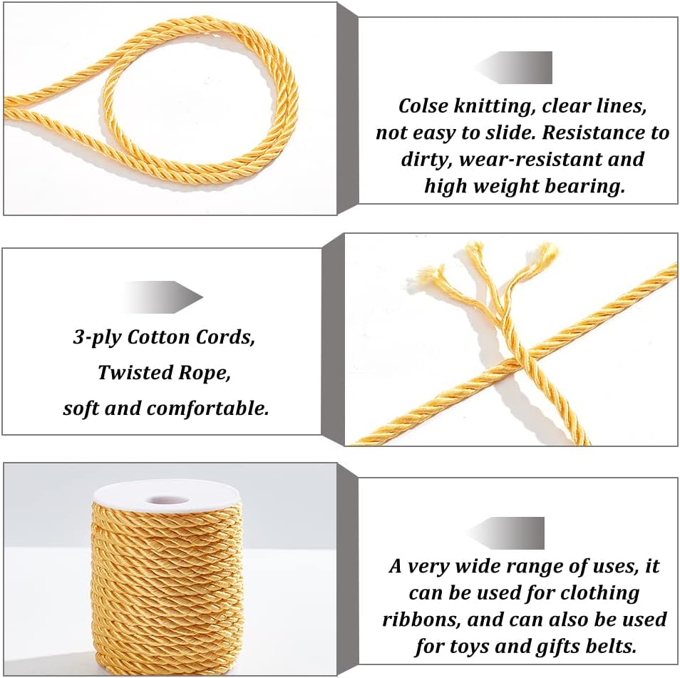 59 Feet 5mm Gold Twine Cord Rope 3 Braided Cord Thread Decorative Twisted Satin Polyester String Thread for Home Decor Upholstery Curtain Tieback Graduation Honor Cord