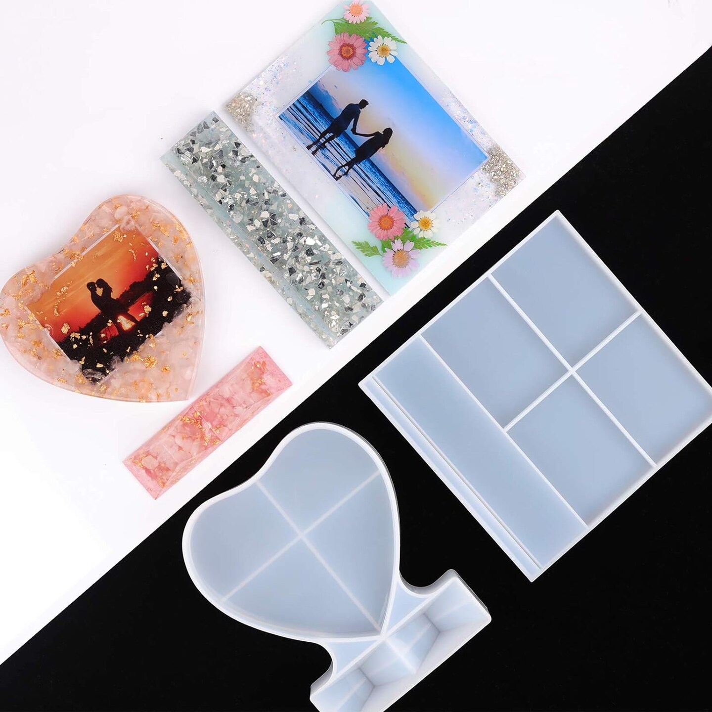 Epoxy Molds, Silicone, Large Size Picture Frames Silicone Molds Rectangle & Heart Shape Epoxy Resin Molds for DIY Home Table Décor