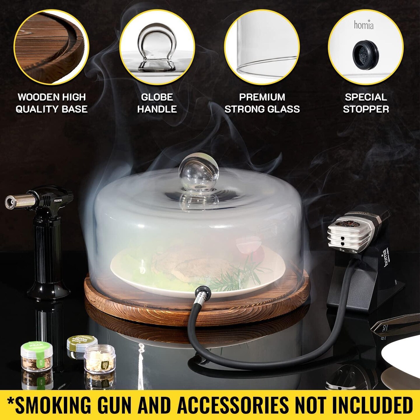 Smoking Gun Accessory Cloche with Wooden Base 11.8 x 6.7 Glass Smoke infuser Cover Lid for Cocktail Smoker Dome for Cold Smoke Smoking Cloche for Drinks