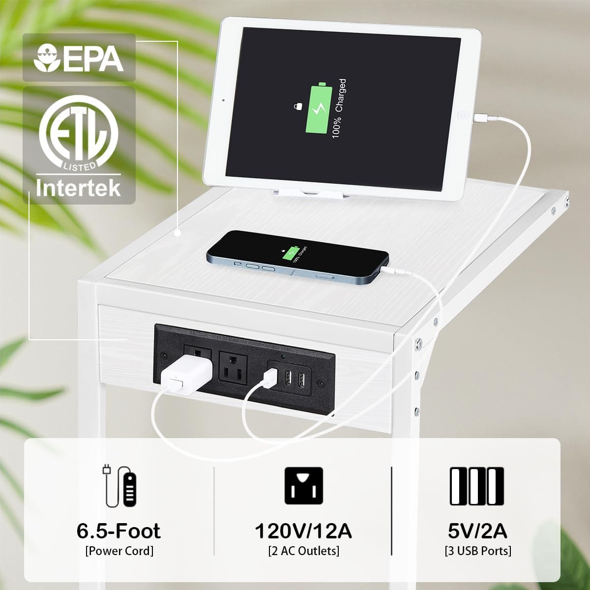 2pcs White C Shaped End Table with Charging Station
