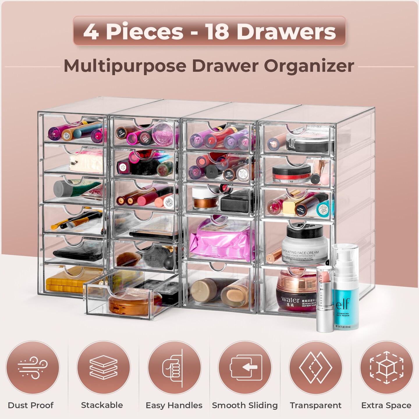 Sorbus 22 Drawers Acrylic Organizer for Makeup, Organization and Storage, Art Supplies, Jewelry, Stationary - 4 Pcs Clear Stackable Storage Drawers