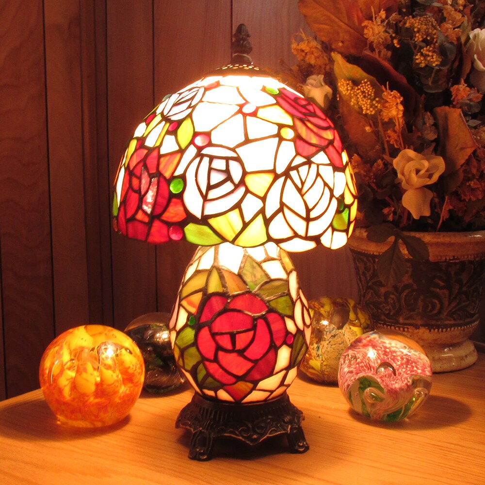 Double Rose Tiffany Stained Glass Shade &#x26; Lamp Base - Perfect for a Living Room, Bedroom, Office, &#x26; More