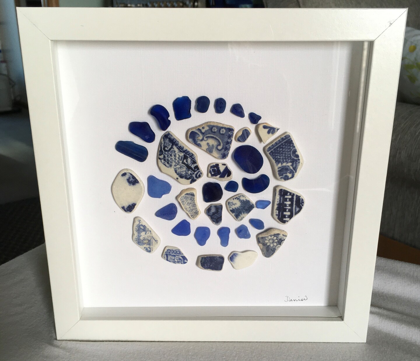 Cobalt Sea Glass hot Heart || Sea Glass Art || Beach Art || Genuine Sea Glass || White Frame