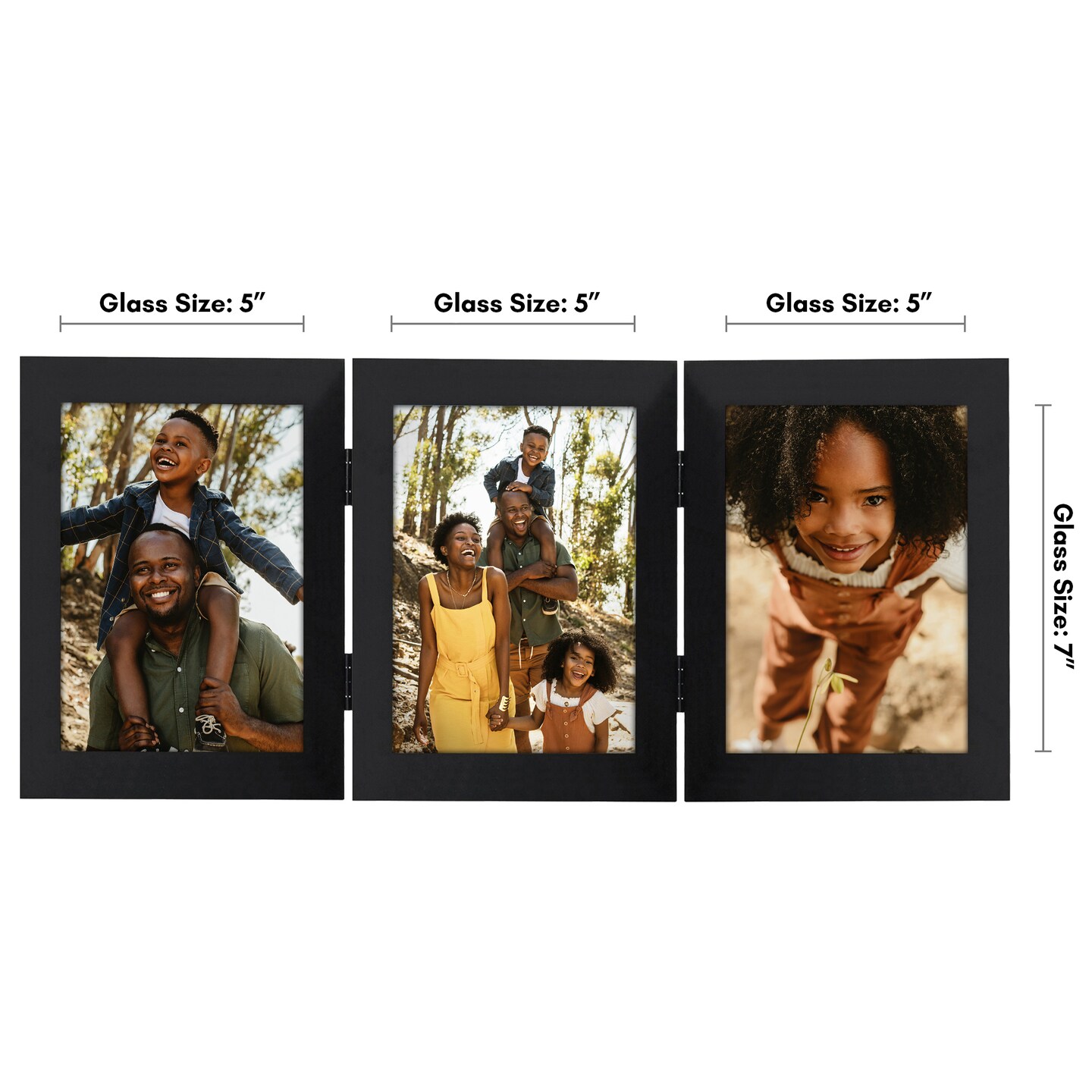 Americanflat 5x7 Tri-Folding Picture Frame - Displays Three Photos at Once - Triple Hinged Frames - Shatter Resistant Glass - Desk Display Picture Frame - Black