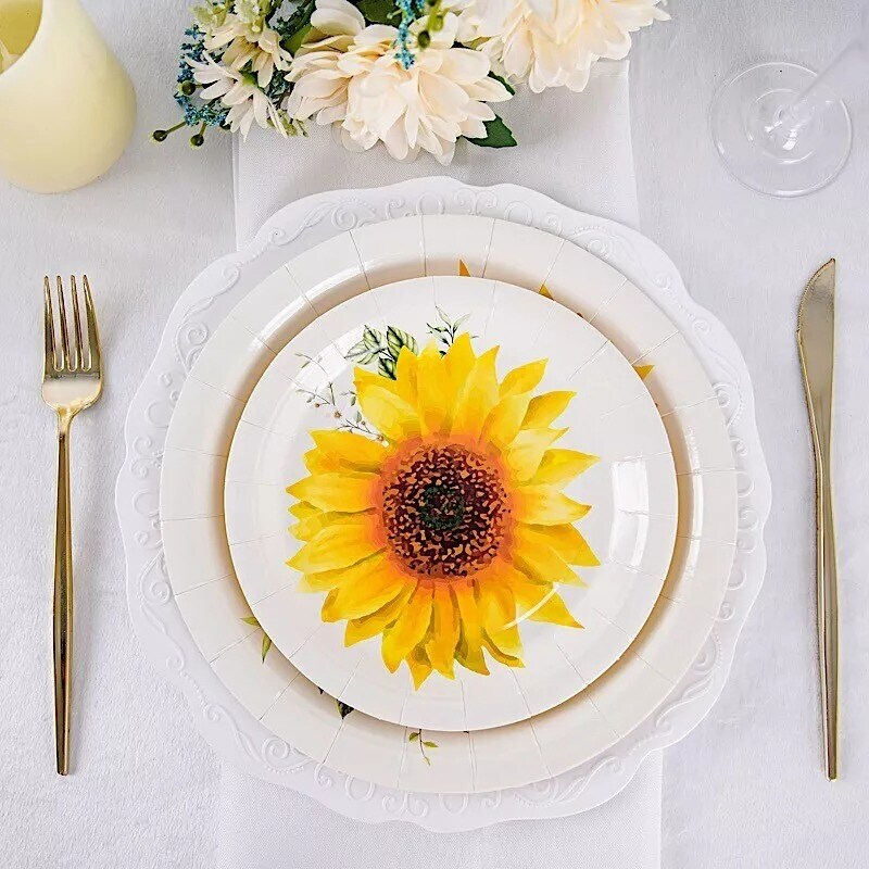 25 White 7&#x22; Round Paper Plates with Sunflower Design