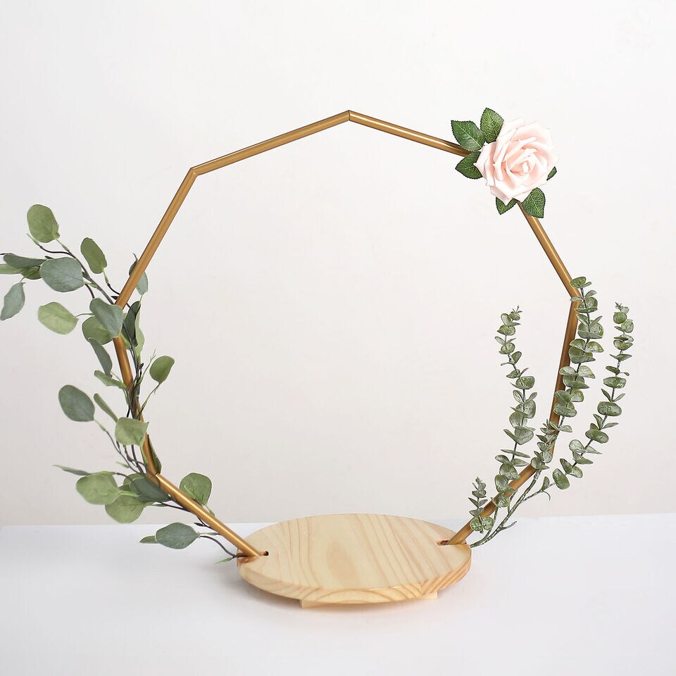 GOLD 22&#x22; Wood with Nonagon Geometric Metal Arch CAKE STAND