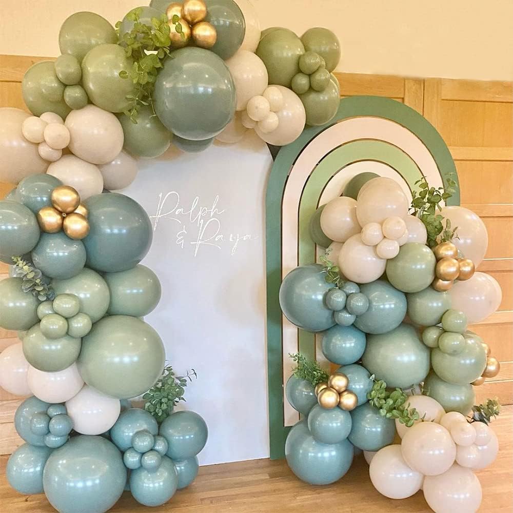 136PCS Dusty Green Blue Balloon Garland Arch Kit Green Ash Mist Green Blue Haze Fog Blue Sand White Gold Balloons for Boho Baby Bridal Shower Wedding Birthday Party Decorations