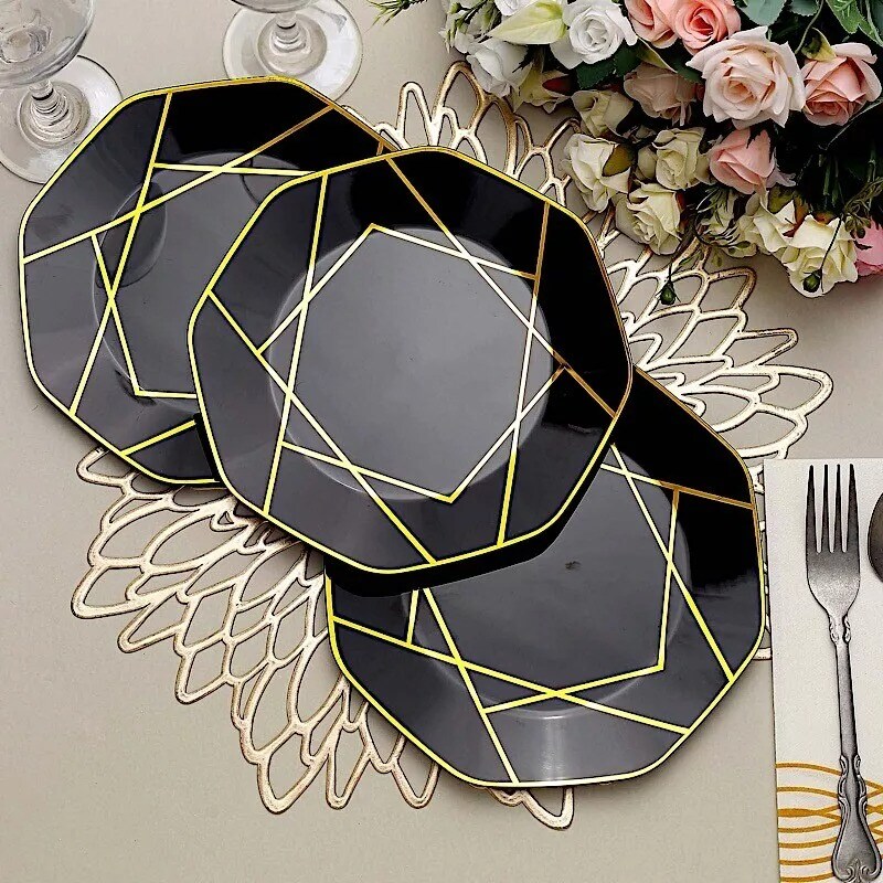 10 BLACK GOLD 8&#x22; Octagon DISPOSABLE SALAD PLATES Geometric