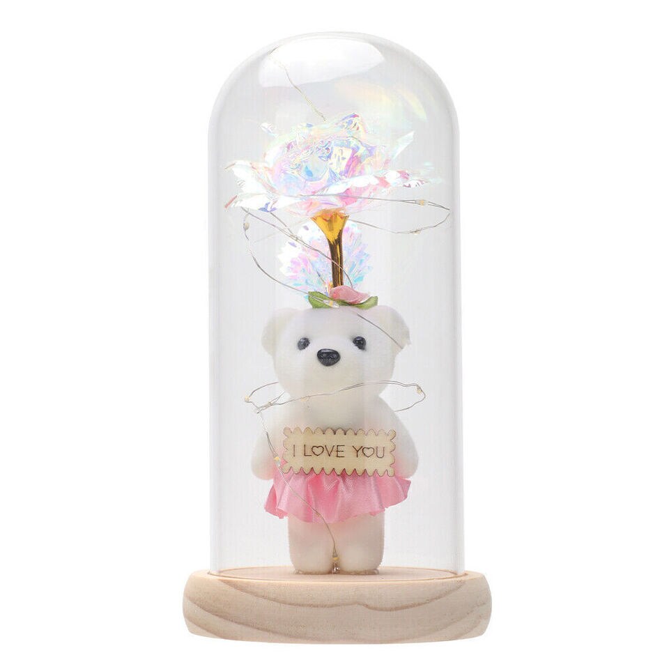 Light Up Rose in A Glass Dome with Teddy Bear