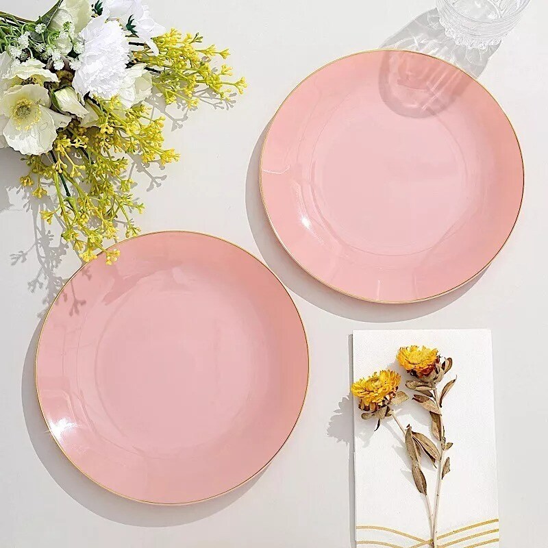 DUSTY ROSE 10 Glossy 8&#x22; Round Plastic Salad PLATES Gold Rim