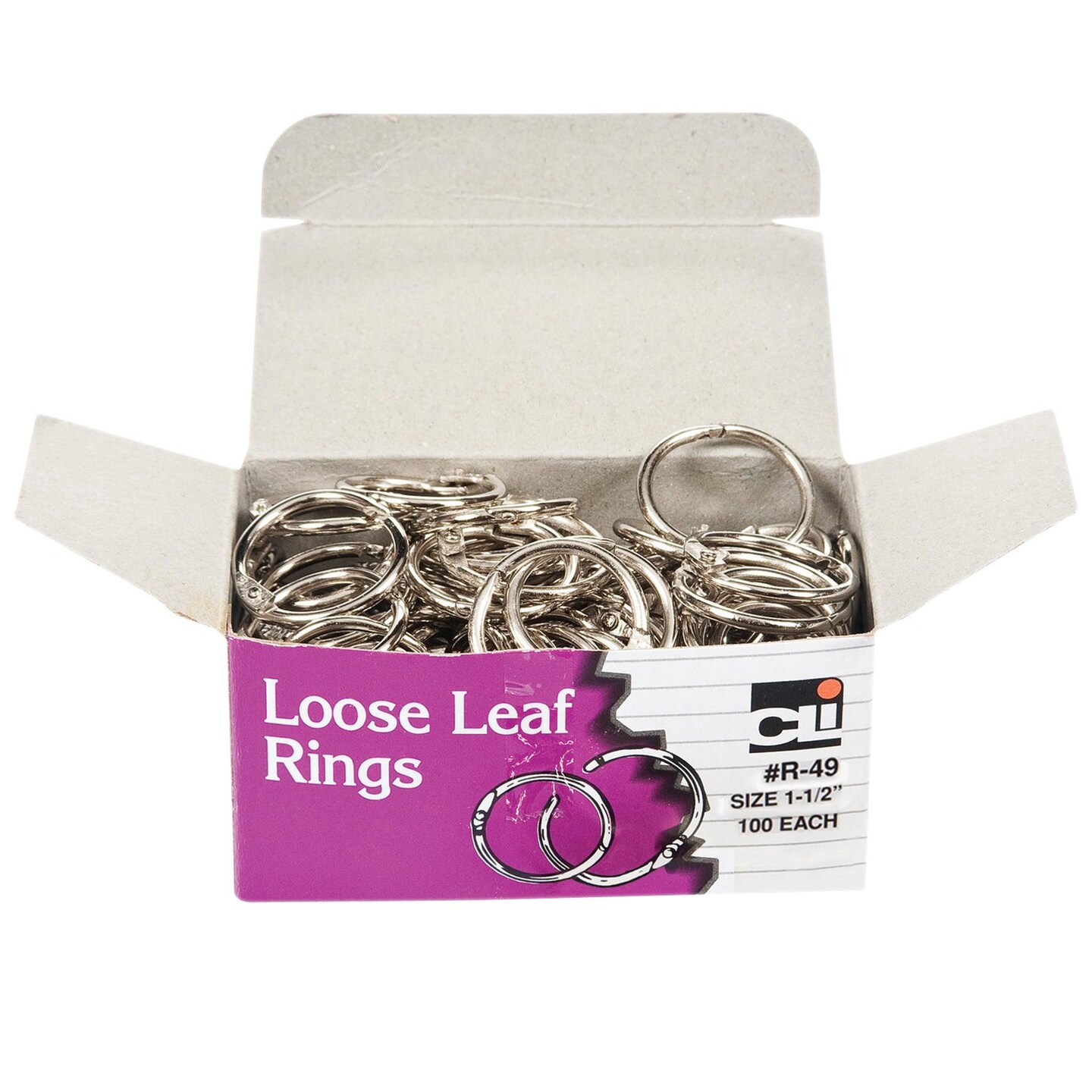 Loose Leaf Book Rings, 1-1/2&#x22;, Box of 100