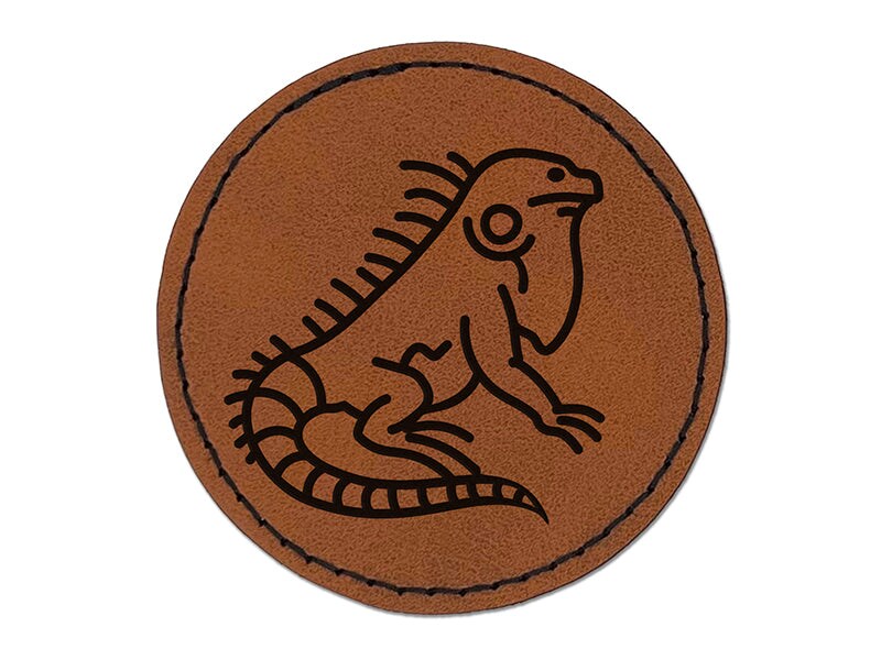 Lounging Lizard Iguana Round Iron-On Engraved Faux Leather Patch Applique - 2.5&#x22;