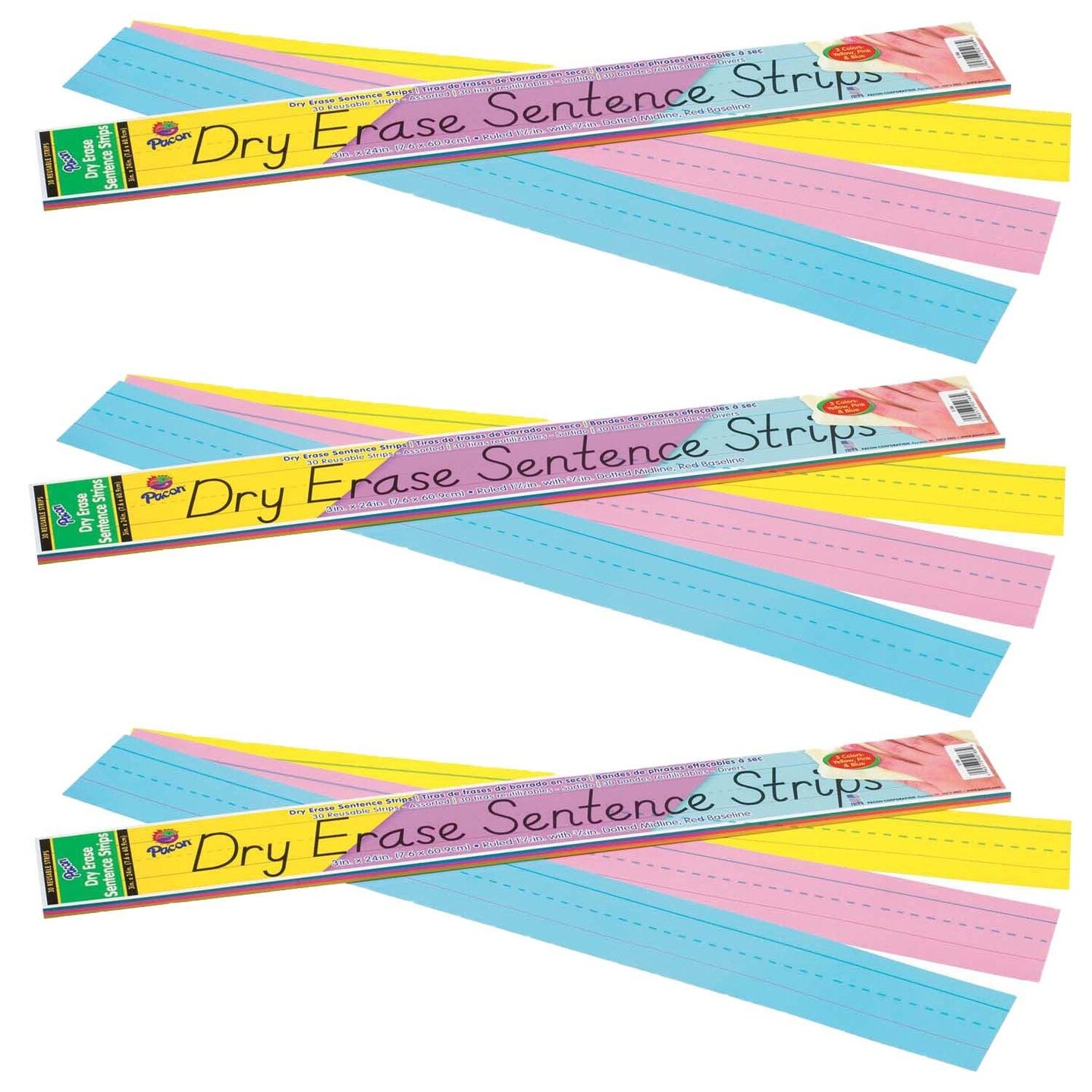 Dry Erase Sentence Strips, 3 Assorted Colors, 1-1/2&#x22; X 3/4&#x22; Ruled, 3&#x22; x 24&#x22;, 30 Per Pack, 3 Packs