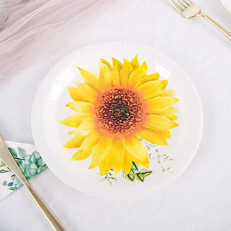 25 White 7&#x22; Round Paper Plates with Sunflower Design
