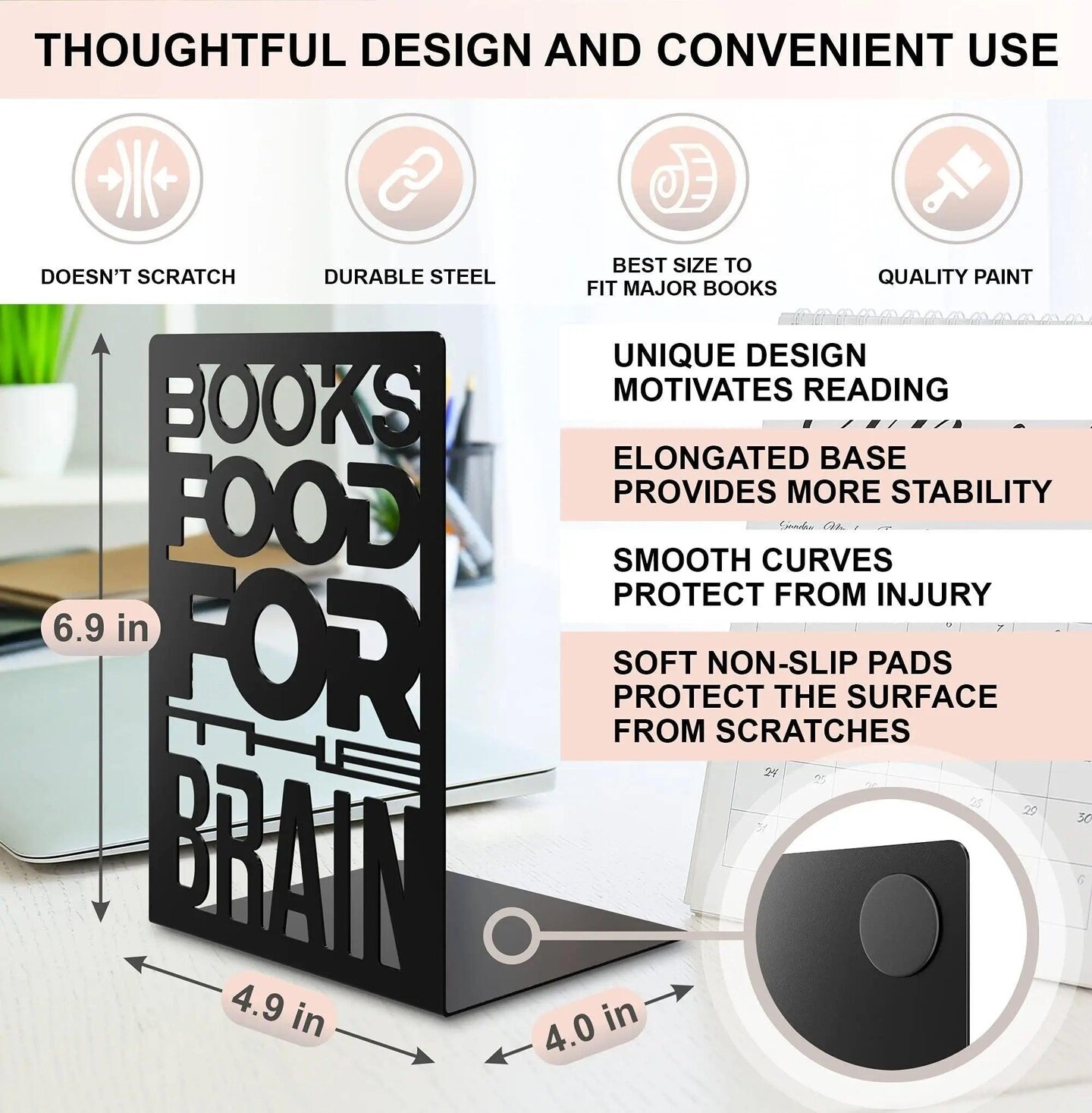 Metal Book Ends For Shelves   Trendy Black Bookends For Heavy Books With Non Slip Pads   Unique Decorative Book Stoppers Match Home Office School Library   2 Piece Holder Set For Movies CDs Books