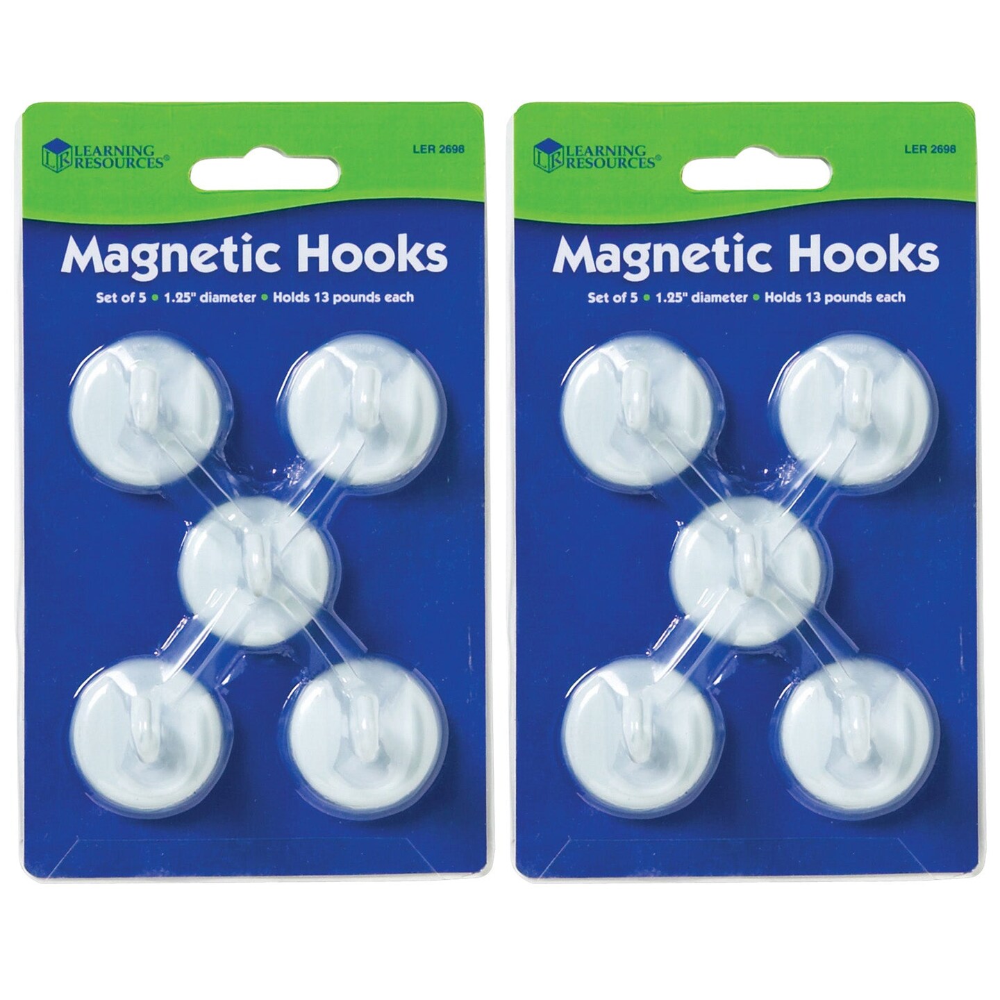 Magnetic Hooks, 1.25&#x22; Diameter, White, 5 Per Pack, 2 Packs