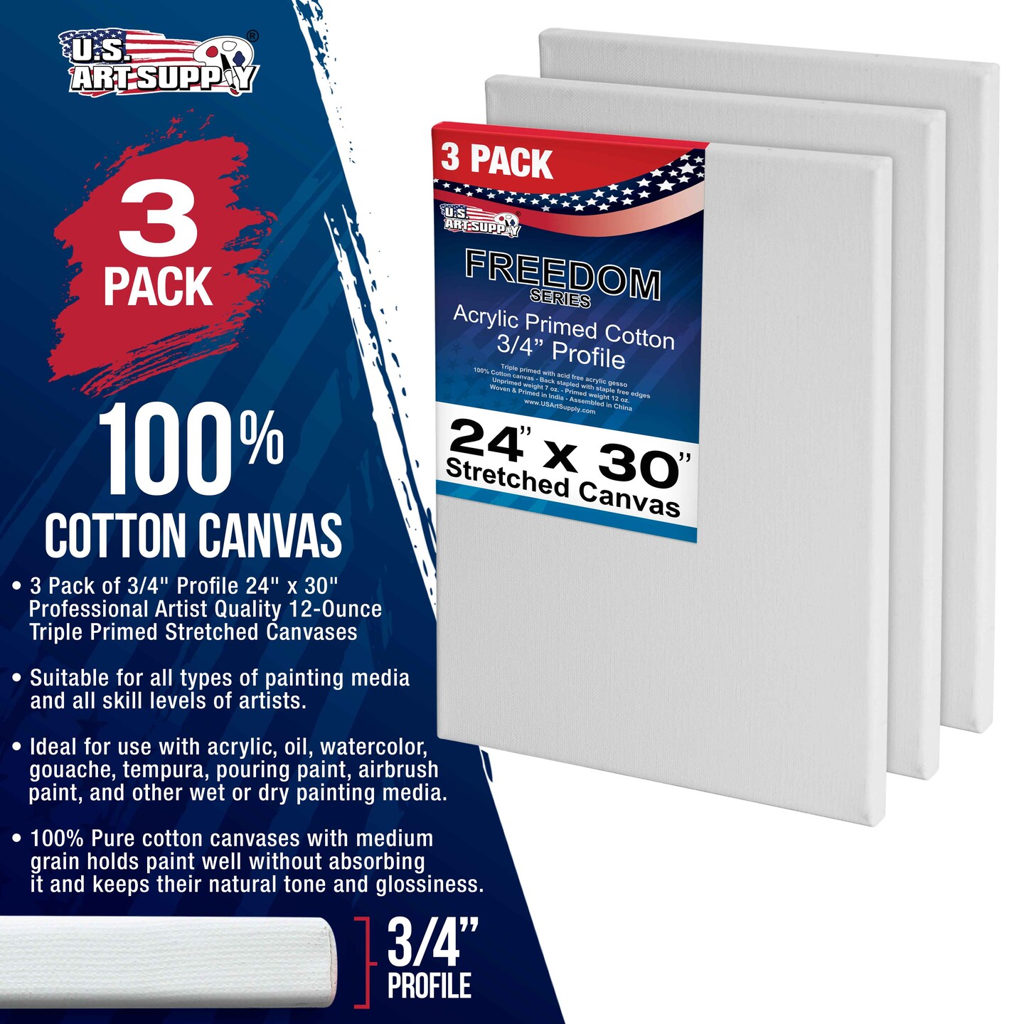 24 x 30 inch Stretched Canvas 12-Ounce Triple Primed, 3-Pack - Professional Artist Quality White Blank 3/4&#x22; Profile, 100% Cotton, Heavy-Weight Gesso