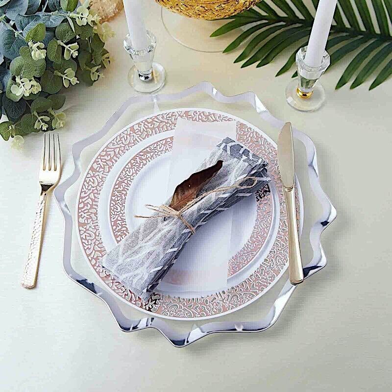 6 CLEAR SILVER 13&#x22; CHARGER PLATES Round Scalloped Trim