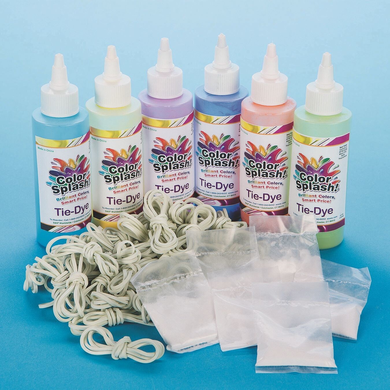 S&S Worldwide Color Splash! Easy Tie Dye Pack, 6 Colors Pre-Measured Dye Powder with Soda Ash, 4-oz Squeeze Bottles, Rubber Bands, Just Add Water, For Tie-Dye, Batik, Ice Dyeing, Non-Toxic, Pack of 6
