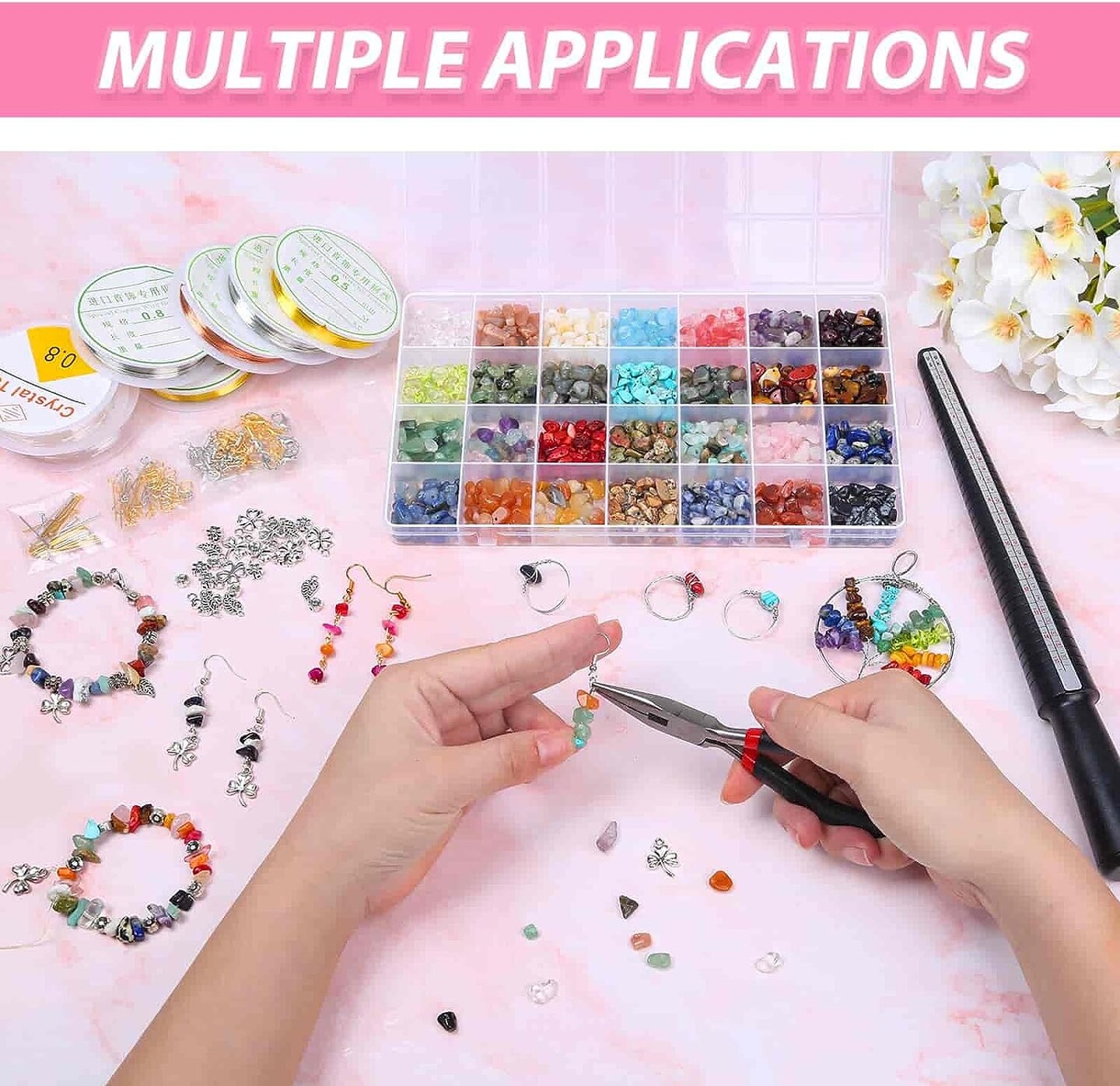 Ring Making Kit with Crystal Beads, 28 Colors Crystal Jewelry Making Kit with Crystals, Jewelry Wire, Pliers and Earring Making Supplies for Jewelry Making