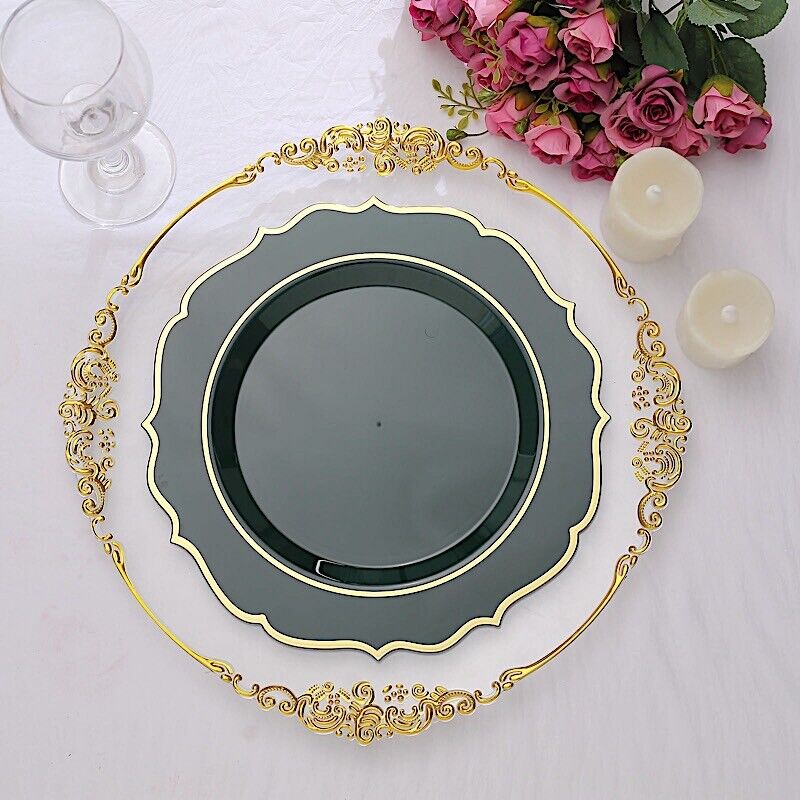 20 HUNTER GREEN 10.5" Round Plastic Dinner Plates GOLD Scalloped Rim