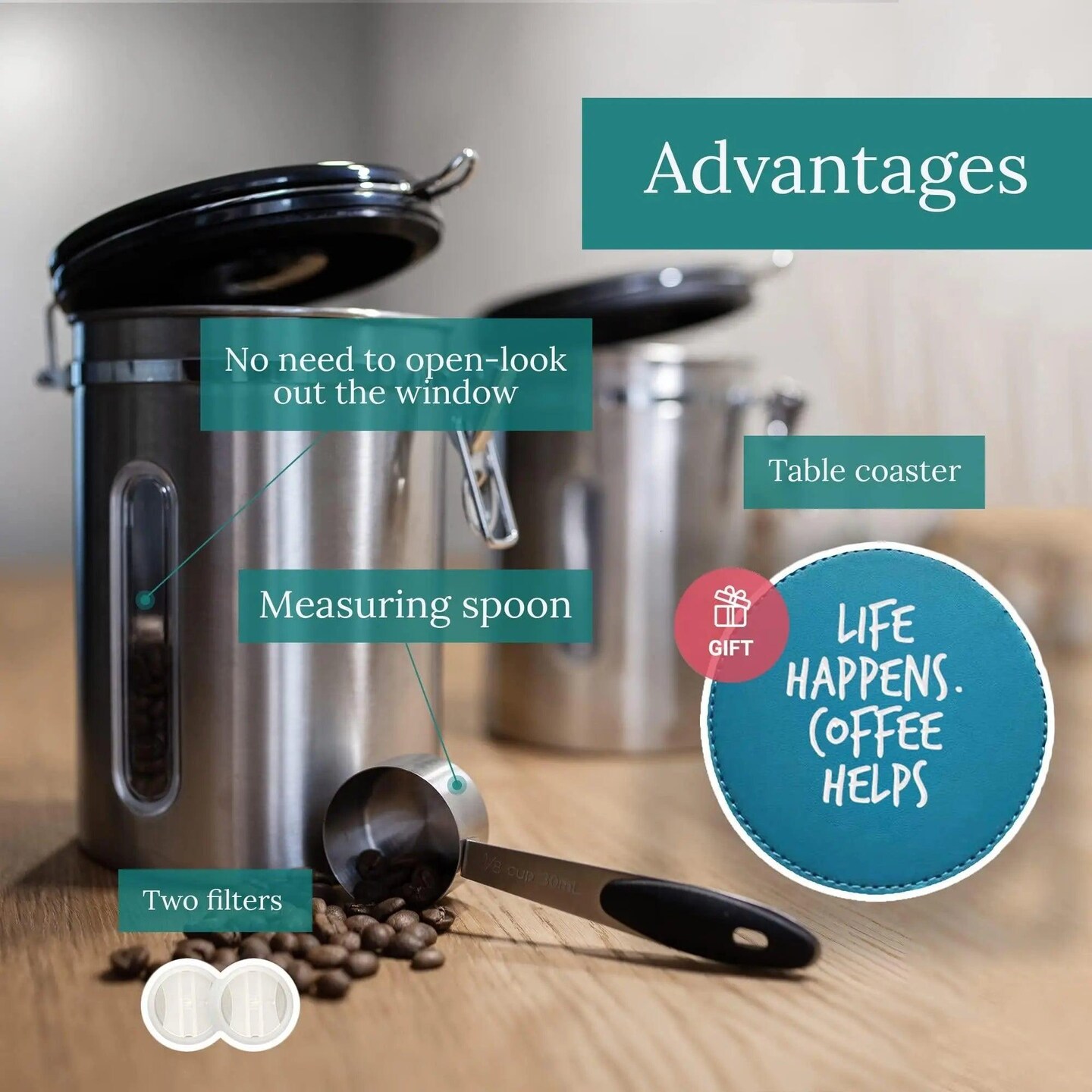 Stainless Steel Coffee Canister Airtight Kitchen Food Storage Container with Date Tracker CO2 Release Valve and Measuring Scoop For Ground Coffee Beans Tea Sugar Large (Silver)