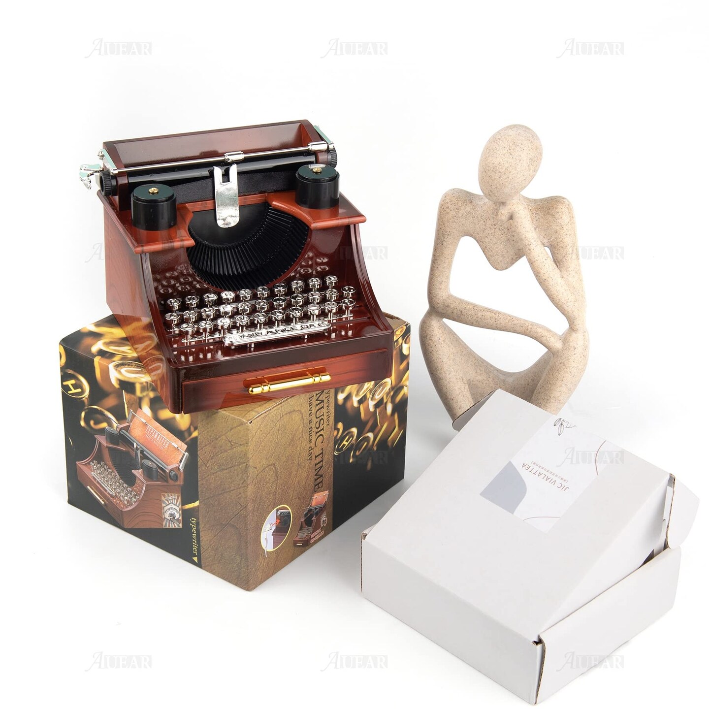 Vintage Typewriter Music Box with Drawer Clockwork for Home Office Decoration