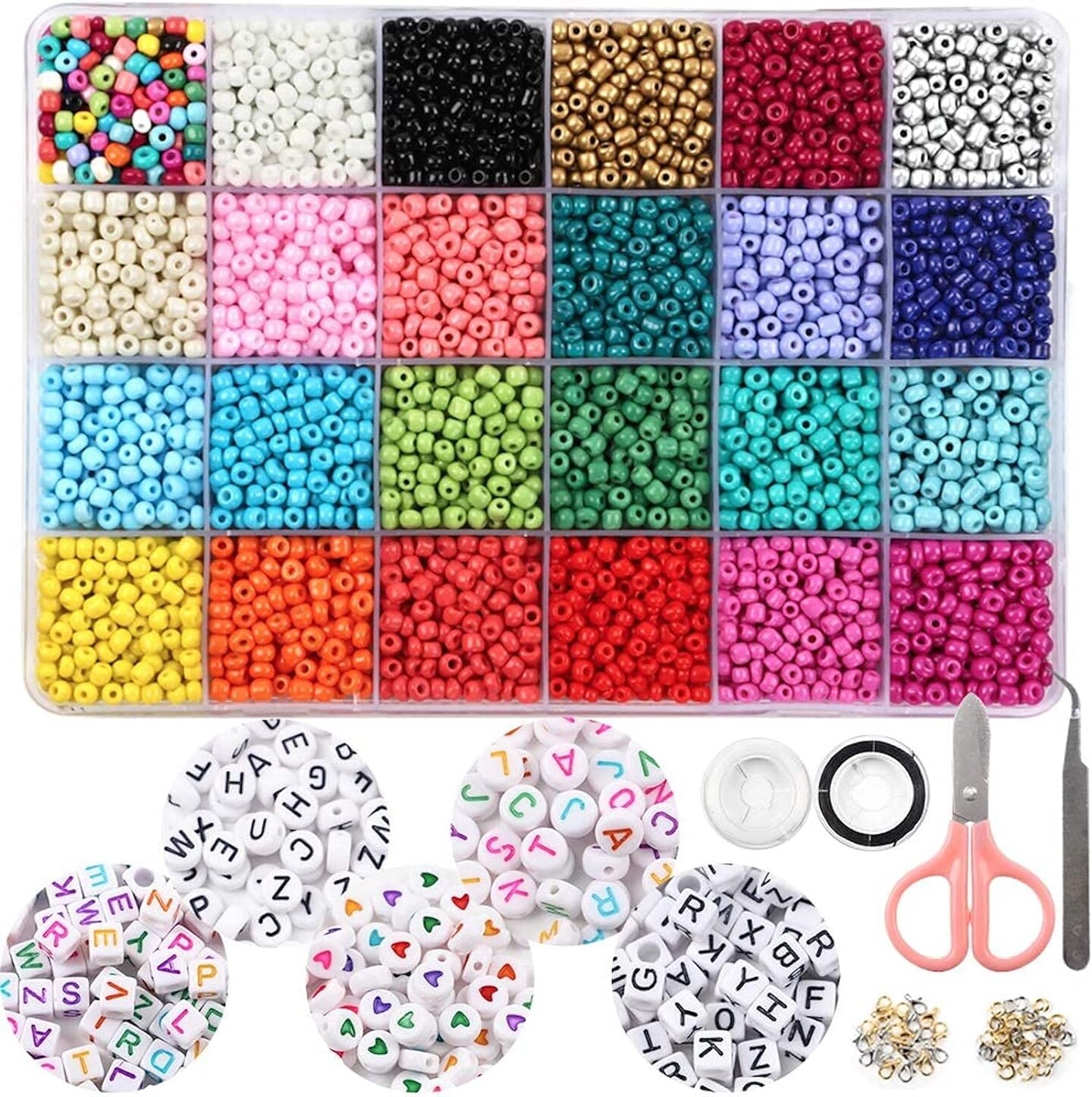 7200pcs Seed Beads for Friendship Bracelet Kit, 4mm Glass Bracelet Beads Kit and 300pcs Letter Beads for Jewelry Making, Necklaces, Craft Gifts