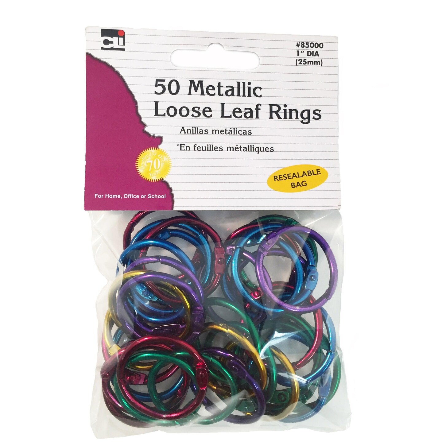 Metallic Book Rings, 1&#x22;, Assorted Colors, 50 Per Pack, 3 Packs