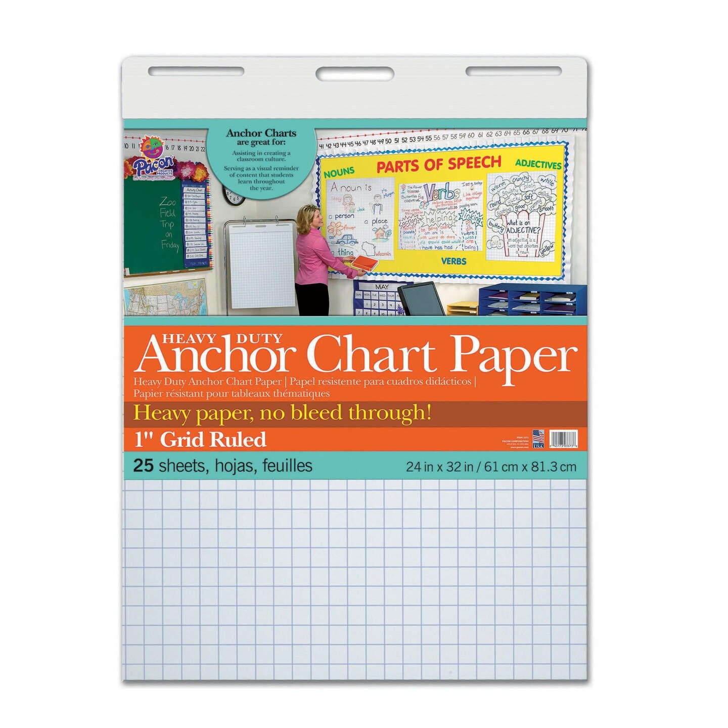 Heavy Duty Anchor Chart Paper, Non-Adhesive, White, 1&#x22; Grid Ruled 24&#x22; x 32&#x22;, 25 Sheets