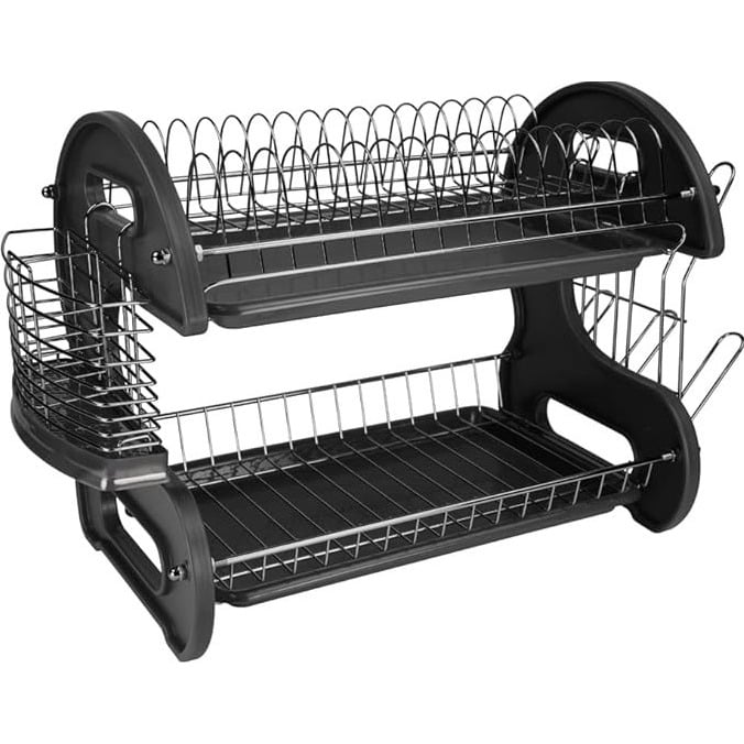 Home Basics 2-Tier Dish Drainer Rack Black Air Drying Organizer With Cutlery Holder