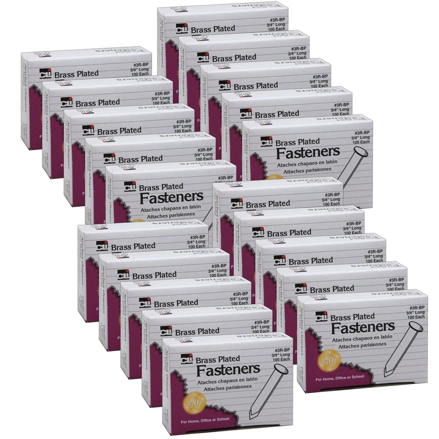 Brass Plated Paper Fasteners, 3/4&#x22;, 100 Per Box, 20 Boxes