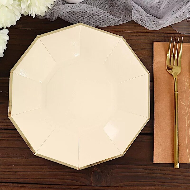 25 BEIGE 9&#x22; Decagon Salad Dinner Paper Plates Disposable Tableware