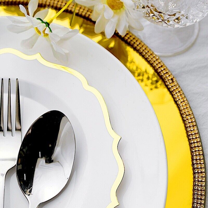 30 WHITE 8&#x22; Round Plastic Dinner Plates GOLD Scalloped Rim