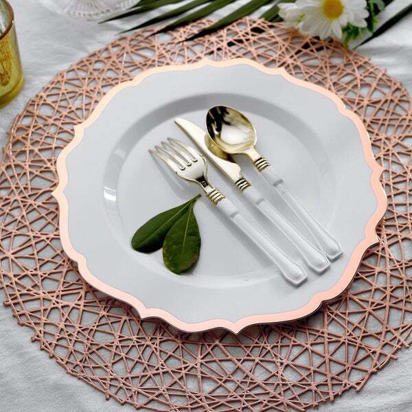 10 WHITE 10.5&#x22; Round Plastic Dinner Plates ROSE GOLD Scalloped Rim