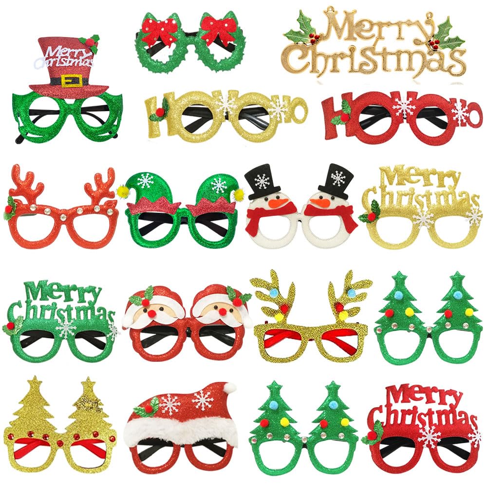 JAYKIDS 16PCS Christmas Glasses Party Favors Christmas Tree Hanging Ornaments Decorations Photo Booth Props Xmas Party Decorations Eyeglasses Frame for Christmas Holiday Party Supplies