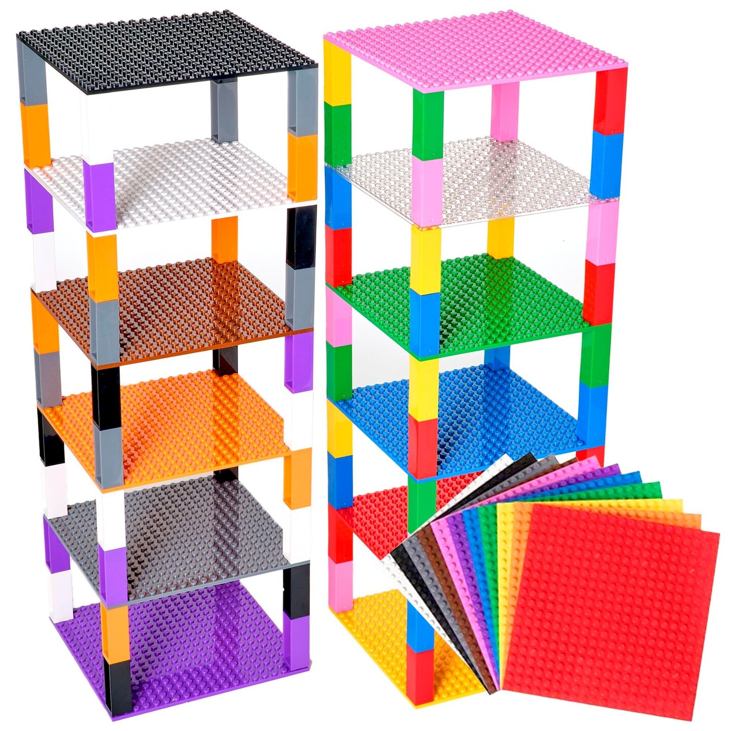 Strictly Briks Classic Stackable Baseplates, Building Bricks For Towers, Shelves, and More, 100% Compatible with All Major Brands, Rainbow Colors, 12 Base Plates &#x26; 80 Stackers, 6x6 Inches