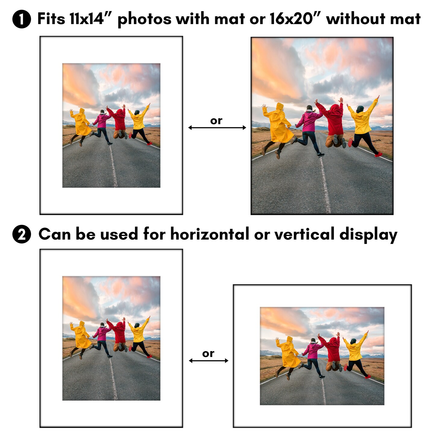 Americanflat 16x20 Front Loading Picture Frames - Set of 2 - 11x14 with Mat or 16x20 without Mat - Slim Photo Frame - Thin Border Photo Frame - Shatter Resistant Glass - Hanging Hardware - Black