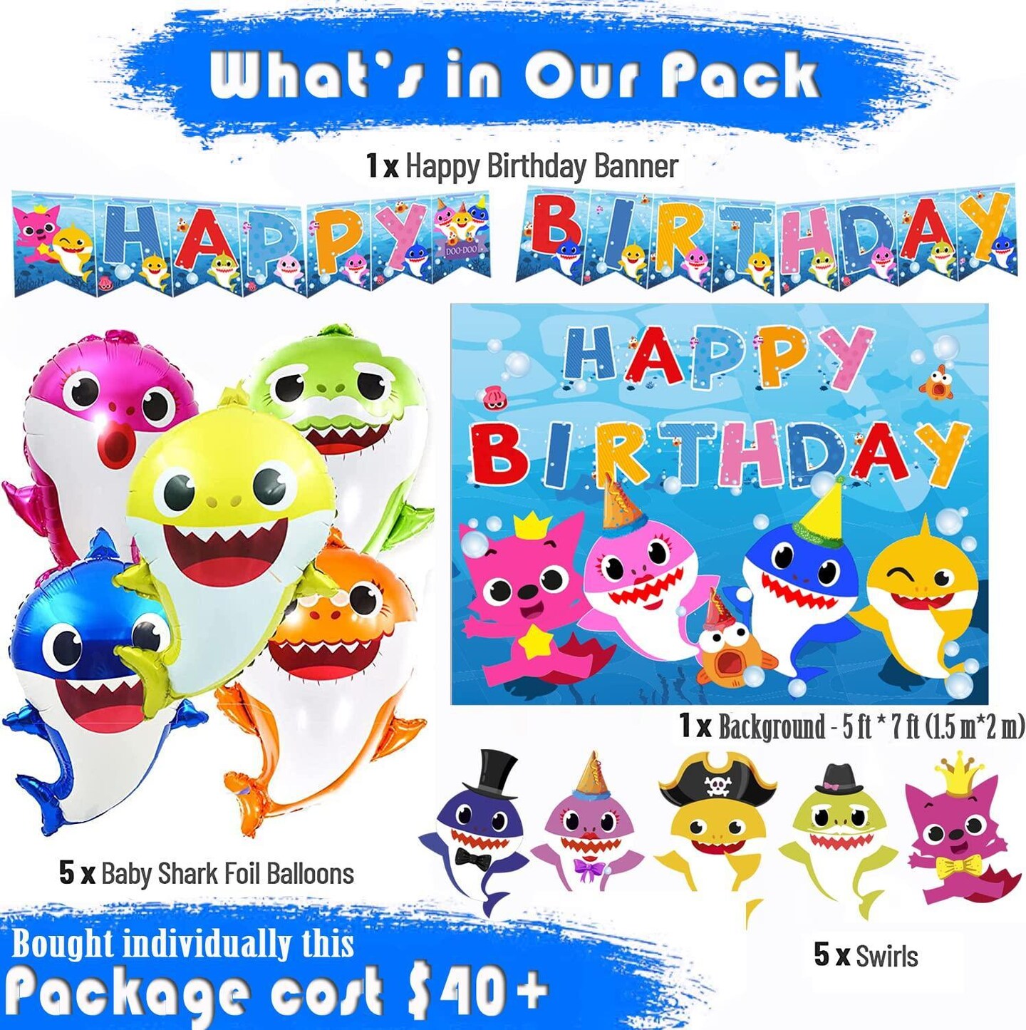 12 pcs Baby Shark Happy Birthday Party Supplies Set DOO Theme For Kids Shower and Children Birthdays Decorations Pack: 5 Balloons   5 Swirls   1 Banner   1 Background