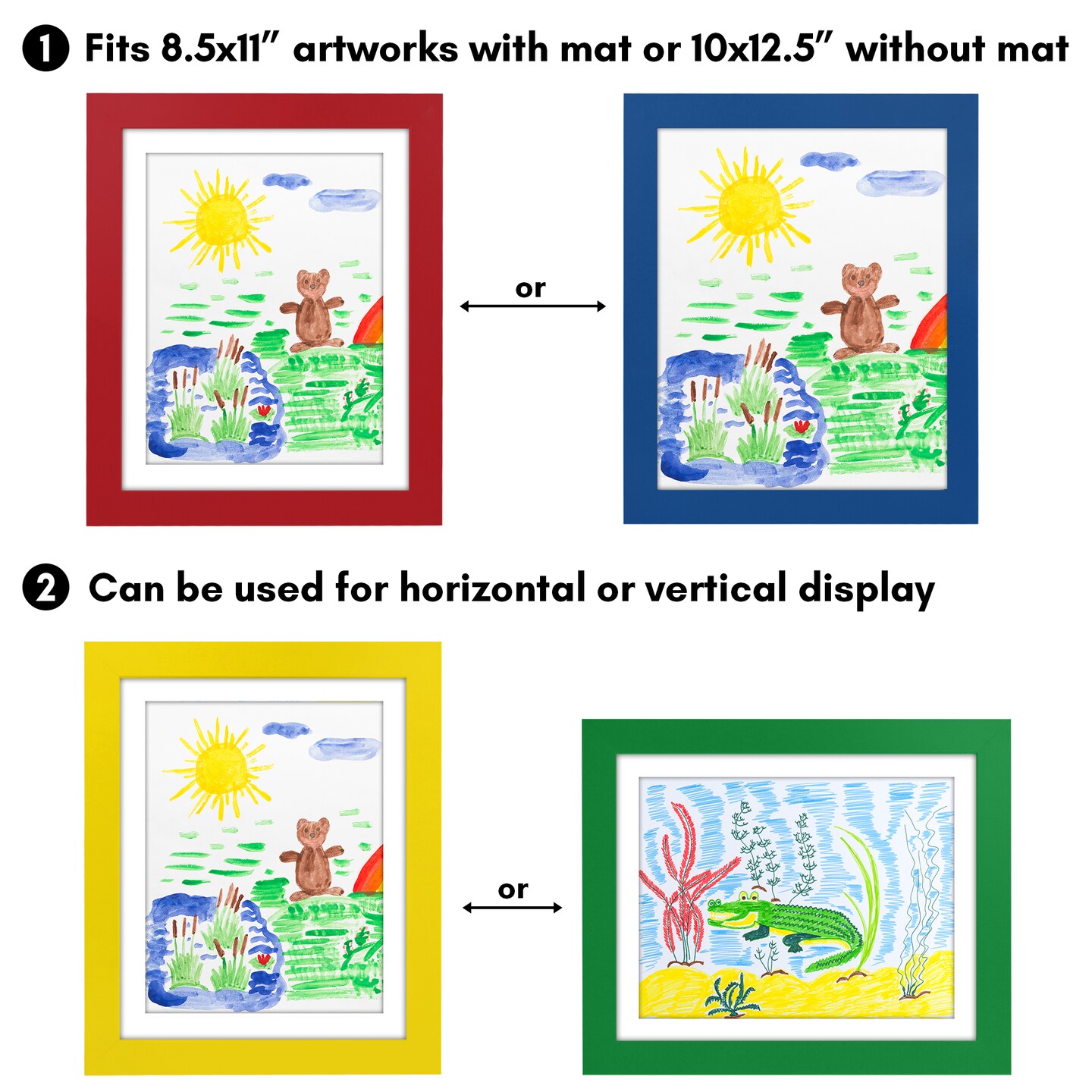Americanflat 10x12.5 Kids Art Frame - Set of 4 - 8.5x11 with Mat or 10x12.5 without Mat - Kids Artwork Frame - Magnetic Frame Closure - Shatter Resistant Glass - Hanging Hardware