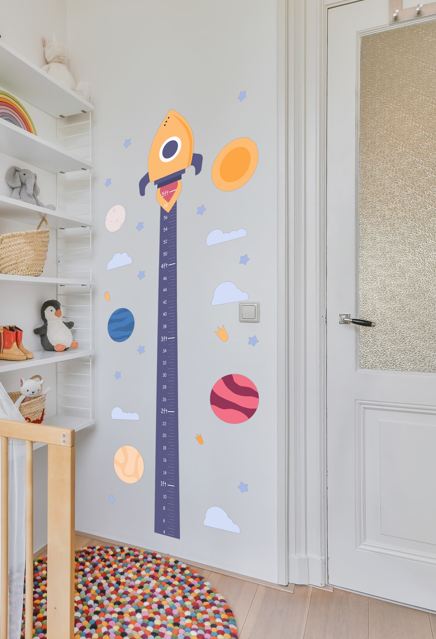 Space Rocket and Galaxy Growth Chart Nursery Wall Decal, 27x60 Inches, Moon, Stars and Clouds, Space Nursery Decor se219 product 2