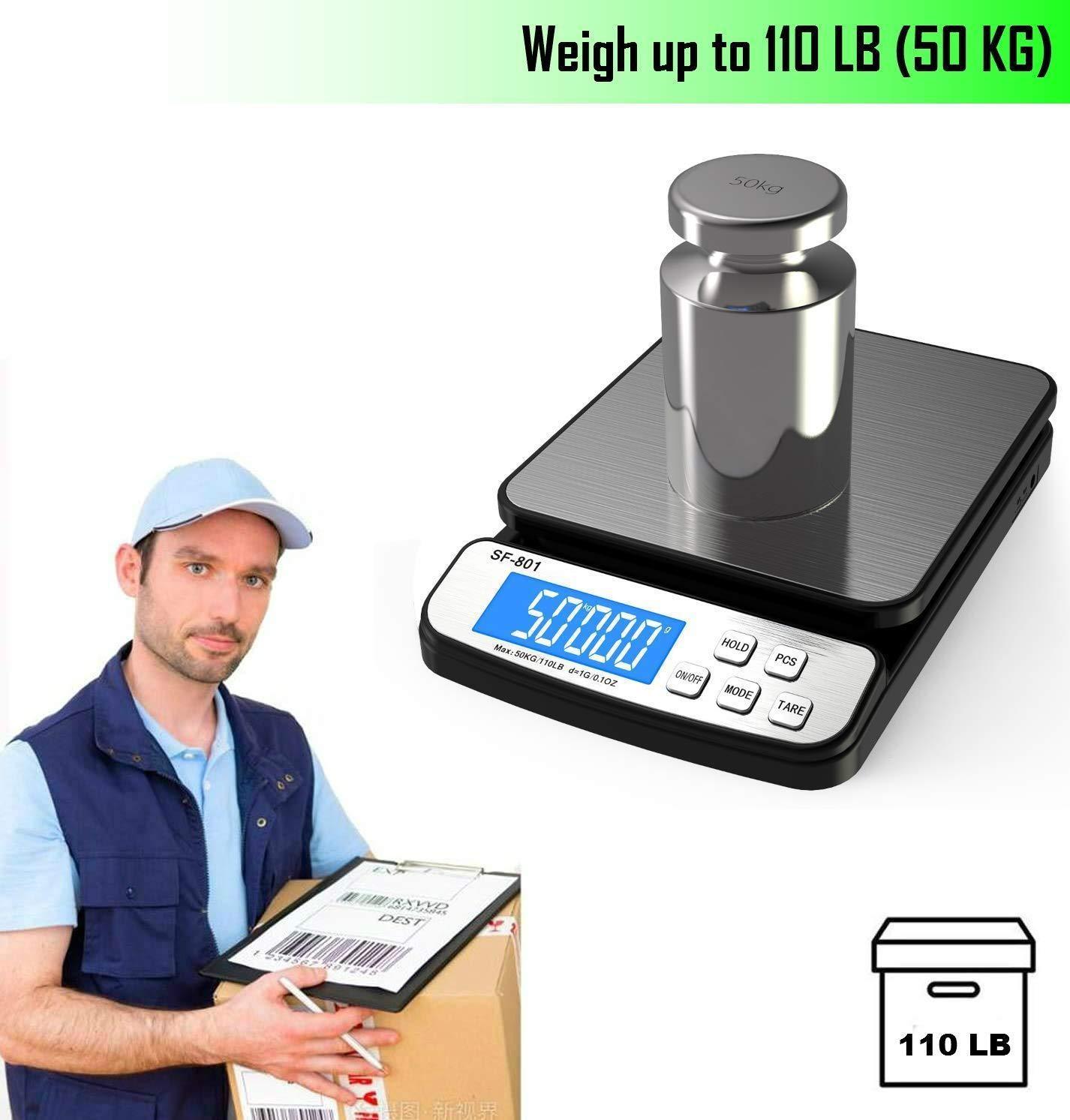 Shipping Scale for Packages 110 LB (50 KG) – Package Scale Postal Scale for Shipping Packages with Stainless Steel Platform Tare Hold Counting Function USB Cord and AC DC Adapter
