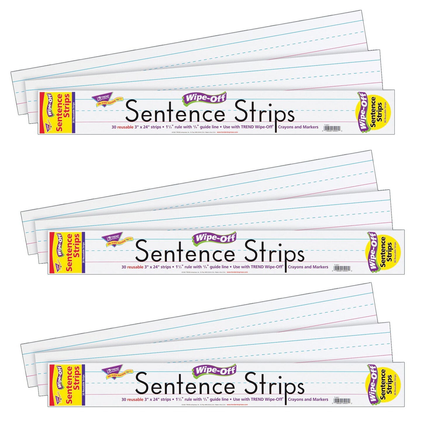 Wipe-Off Sentence Strips, 24 x 3, White, 30/Pack Wipe-Off Sentence Strips, 24 x 3, White, 30/Pack