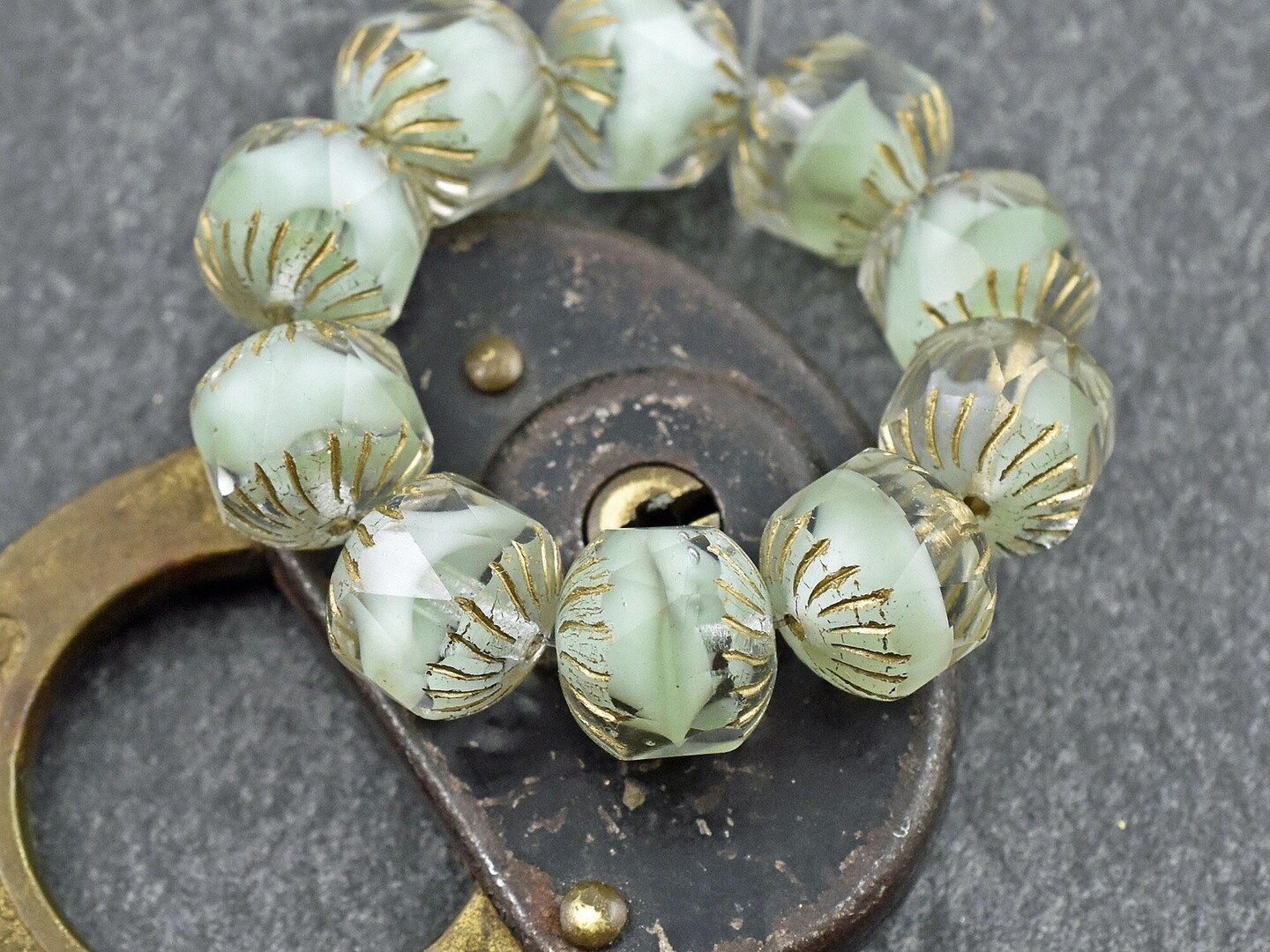 *10* 10mm Gold Washed Seafoam Crystal Silk (Vaseline Glass) Center Cut Cruller Beads