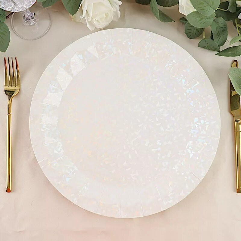 25 IRIDESCENT Metallic Round 12&#x22; Paper Salad Dinner Plates Geometric Design